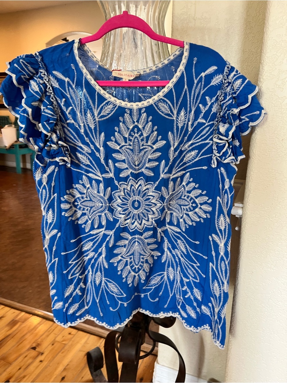 Solitaire Royal Blue Floral Embroidered Ruffle Sleeve Blouse